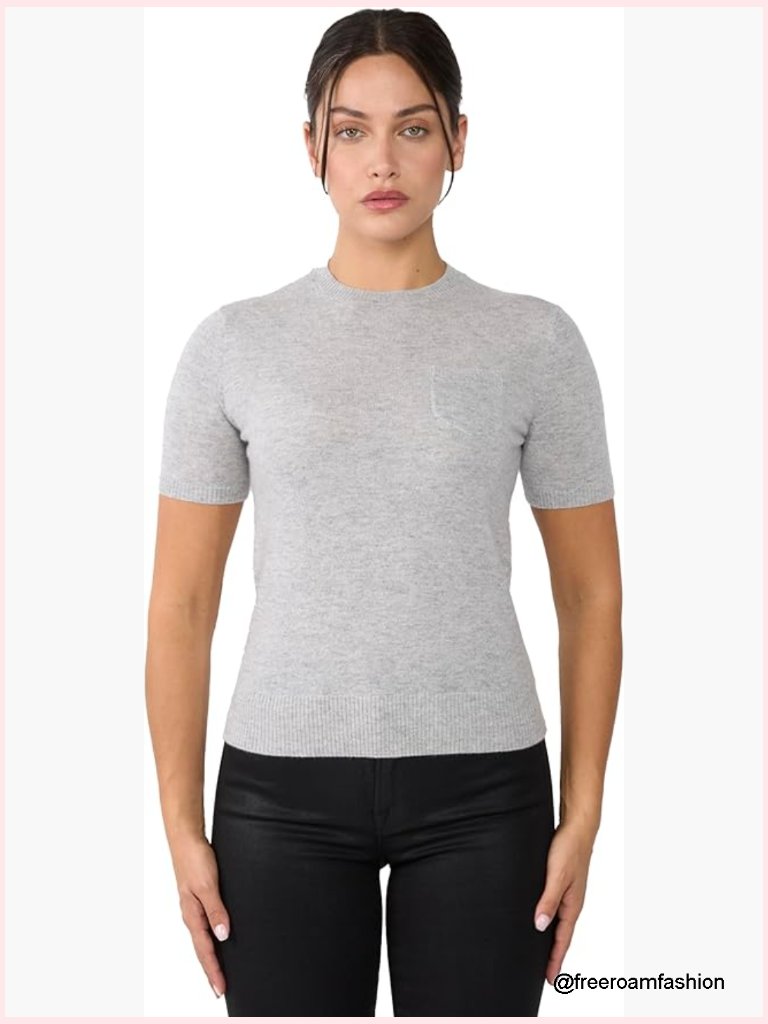Cashmere Crewneck Short Sleeve Sweater, Lightweight Pullover, Soft Knit